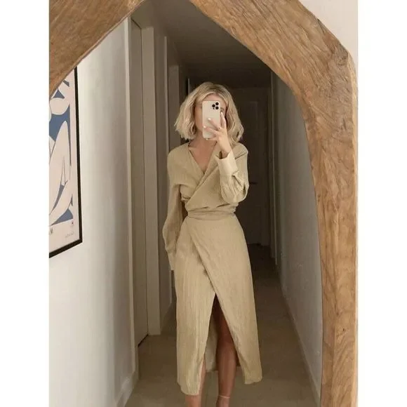 ZARA Dress Wrap Style Textured Midi Long Sleeve - Picture 6 of 12